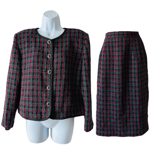 Vintage Red, Black & Green Plaid Boucle Tweed 2 Pc Skirt Suit Sz12 By: Panthers - Picture 1 of 14